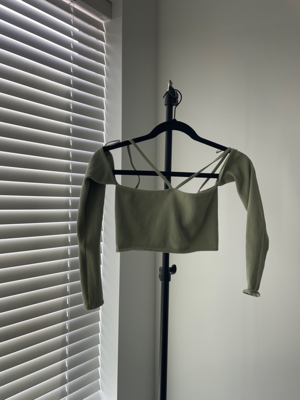 Urban Outfitters Ribbed Off-Shoulder Long Sleeve Crop Top in Sage Green